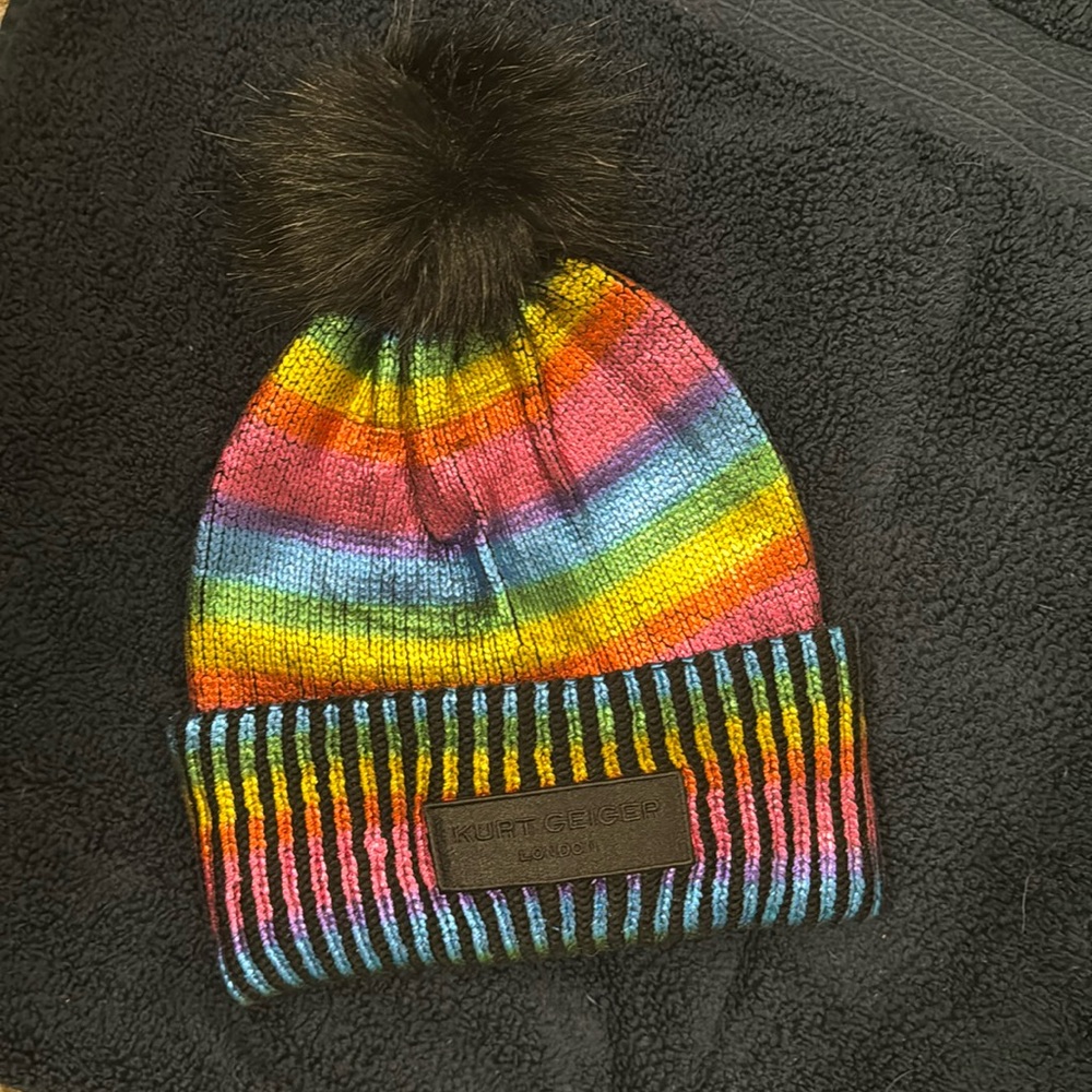 Kurt Geiger London Foil Overlay Rainbow Beanie with Pom Pom - NWT